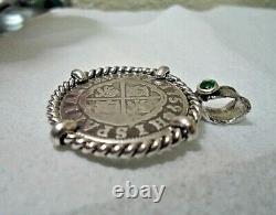 Genuine1759 2 Reales Silver Spanish Treasure Cob Coin With Emerald Pendant