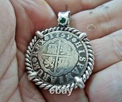 Genuine1759 2 Reales Silver Spanish Treasure Cob Coin With Emerald Pendant