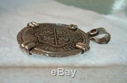 Genuine 1721 2 Reales Silver Spanish Treasure Cob Coin and Ruby Jewelry