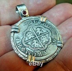 Genuine 1721 2 Reales Silver Spanish Treasure Cob Coin and Ruby Jewelry