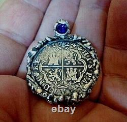 Genuine 1724 2 Reales Silver Spanish Treasure Cob Coin With Amethyst & Sterling