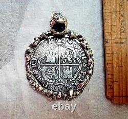 Genuine 1724 2 Reales Silver Spanish Treasure Cob Coin With Amethyst & Sterling