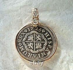 Genuine 1726 1 Reales Silver Spanish Treasure Cob Coin in 14K & Diamond Mount