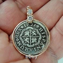 Genuine 1726 1 Reales Silver Spanish Treasure Cob Coin in 14K & Diamond Mount