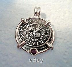 Genuine 1728 2 Reales Silver Spanish Treasure Cob Coin With Ruby Pendant