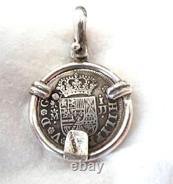 Genuine 1730 1 Reales Silver Spanish Teasure Cob Coin & Sapphire