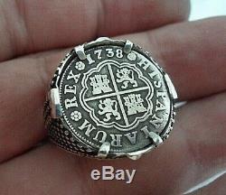 Genuine 1738 1 Reales Silver Spanish Treasure Cob Coin Sterling Ring sz 11 1/2