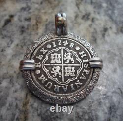 Genuine 1748 1 Reales Silver Spanish Treasure Cob Coin Pendant With 14K