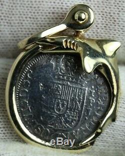 Genuine 1751 Reales Silver Spanish Treasure Cob Coin on 14K GOLD DOLPHIN BEZEL