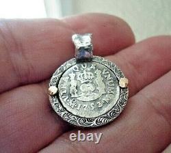 Genuine 1753 1/2 Reales Silver Spanish Treasure Cob Coin Pendant with 14K Accent