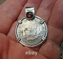 Genuine 1757 2 Reales Silver Spanish Treasure Cob Coin & Garnet Pendant