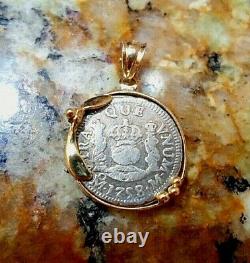 Genuine 1758 1/2 Reales Silver Spanish Treasure Cob Coin In Custom 14K Mount