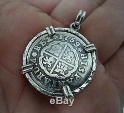 Genuine 1759 2 Reales Silver Spanish Treasure Cob Coin Jewelry Pendant
