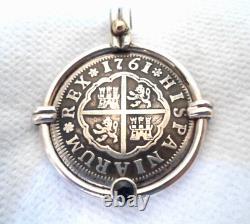 Genuine 1761 2 Reales Silver Spanish Treasure Cob Coin- Sapphire&14K