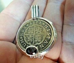 Genuine 1771 2 Reales Silver Spanish Treasure Cob Coin And Garnet Pendant