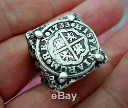 Genuine 1 Real 1733 Silver Spanish Treasure Cob Coin Sterling Ring sz 11 3/4