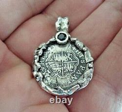 Genuine 1 Reales PhilipV Silver Spanish Treasure Cob Coin Pendant With Sapphire