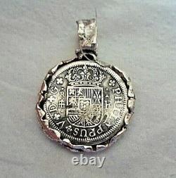 Genuine 1 Reales PhilipV Silver Spanish Treasure Cob Coin Pendant With Sapphire