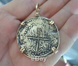 Genuine 8 Reales Atocha Shipwreck Spanish Treasure Cob Coin 14K mount with Cert