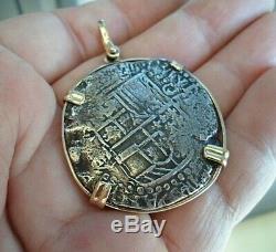 Genuine 8 Reales Atocha Shipwreck Spanish Treasure Cob Coin 14K mount with Cert
