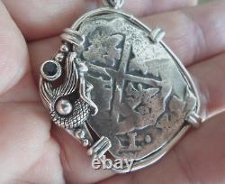 Genuine 8 Reales Silver Spanish Treasure Cob Coin Sapphire & Mermaid