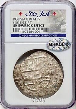 Grade 2 Sao Jose 1618-1622 P-T 8 Real Silver Bolivia Cob NGC Shipwreck Effect