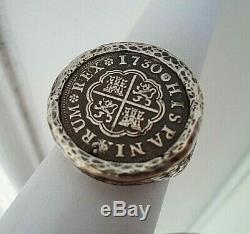 High Grade 1730 1 Reales Silver Spanish Treasure Cob Coin Custom Ring sz 12 1/2