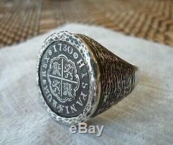 High Grade 1730 1 Reales Silver Spanish Treasure Cob Coin Custom Ring sz 12 1/2