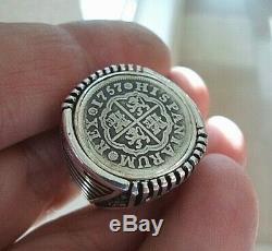 High Grade 1757 1 Reales Silver Spanish Treasure Cob Coin Sterling Ring sz10 1/2