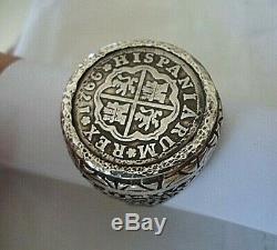 High Grade 1766 1 Reales Silver Spanish Treasure Cob Coin Large Sterling Ring12