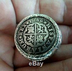 High Grade 1766 1 Reales Silver Spanish Treasure Cob Coin Large Sterling Ring12