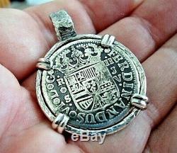High Grade Genuine 1758 2 Reales Silver Spanish Treasure Cob Coin And Sapphire J