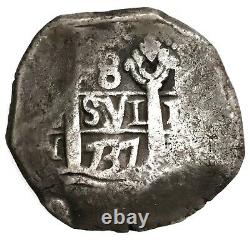 Lima, Peru, Silver cob 8 reales, 1737 N. 25.85 grams. Typically bold flan