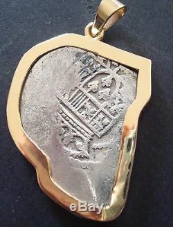 Mexico 8 Reales Silver Cob Coin 14 K Gold Pendant Bezel 1630-1658