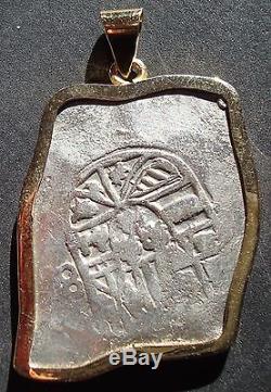 Mexico 8 Reales Silver Cob Coin 14 K Gold Pendant Bezel 1630-1660