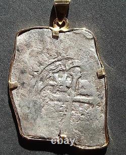 Mexico 8 Reales Silver Cob Coin 14 K Gold Pendant Bezel 1630-1660