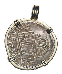 Mexico City Mexico, cob 1 real, Philip II, assayer O mounted in 14K Gold Bezel B