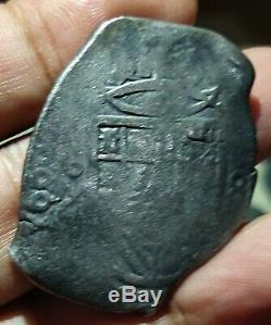 Mexico Spain Colonial 8 Reales Cob 1666 Omp River Found Black Not Cleaned Rare