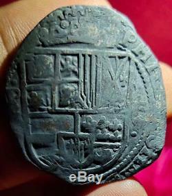 Mexico Spain Colonial 8 Reales Cob P River Found Black Not Cleaned Xf