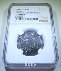 NGC 1609 Castles & Lions Inverted Spanish Silver 4 Reales 1600's Pirate Cob Coin