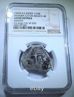 NGC 1700s Mexico Silver 4 Reales Madura Island 1/2RB Countermark Pirate Cob Coin