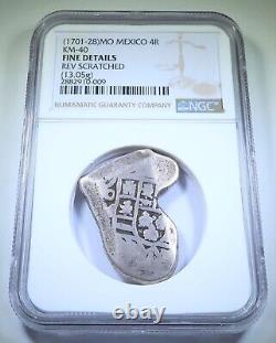 NGC 1701-28 Spanish Mexico Heart Shape Silver 4 Reales Colonial 1700's Cob Coin