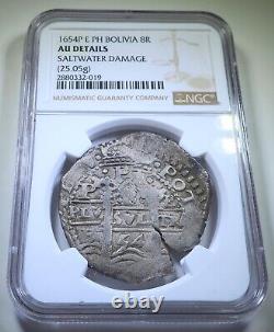 NGC AU 1654 Shipwreck Bolivia Silver 8 Reales Spanish Colonial Dollar Cob Coin