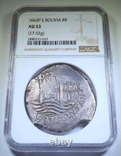 NGC AU-53 1663 Bolivia Silver 8 Reales Antique Spanish Colonial Dollar Cob Coin