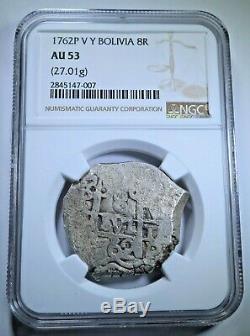 NGC AU-53 1762 Spanish Bolivia Silver 8 Reales Antique Colonial Dollar Cob Coin