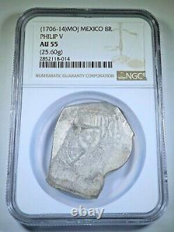 NGC AU 55 1706-14 Mexico Silver 8 Reales 1700's Spanish Colonial Dollar Cob Coin