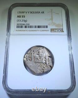NGC AU-55 1769 Spanish Bolivia Silver 4 Reales Colonial 1700's Pirate Cob Coin