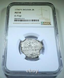 NGC AU-58 Bolivia Silver 2 Reales Antique 1700's Spanish Colonial Cob Coin