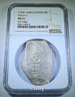 NGC MS61 1706-14 Mexico Silver 8 Reales 1700's Spanish Colonial Dollar Cob Coin
