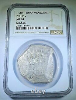 NGC MS61 1706-14 Mexico Silver 8 Reales 1700's Spanish Colonial Dollar Cob Coin